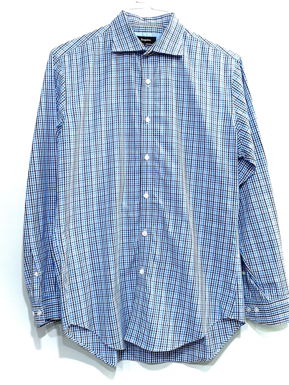 Esquire Wrinkle Resistant Slim Cotton Blue Checked Button Up Medium (15.5 32/33)